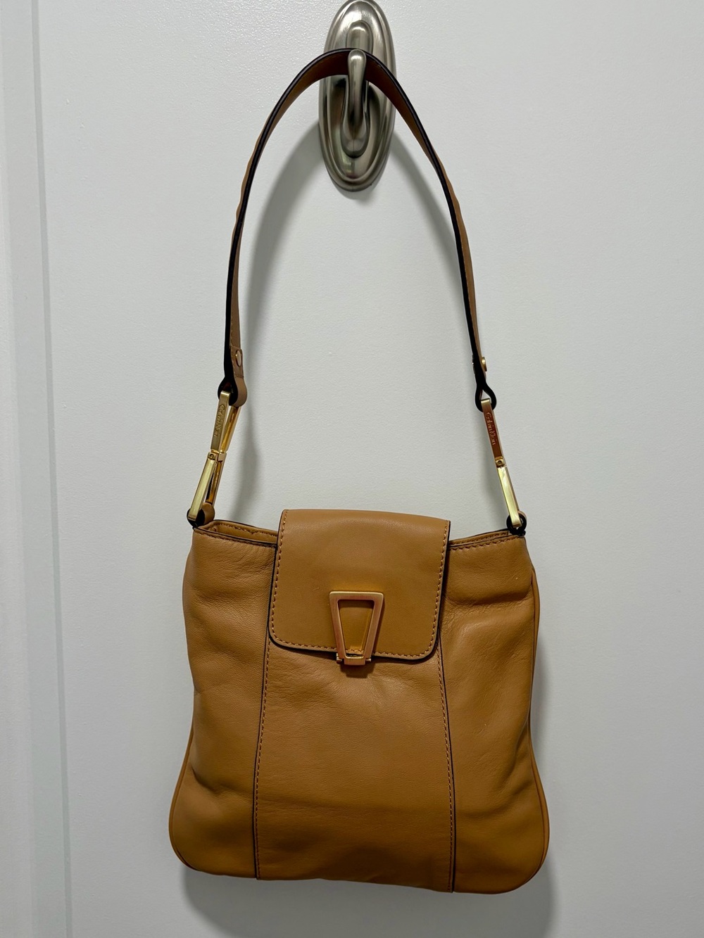 Vintage Calvin Klein Caramel Tan Leather Shoulder Bag with Gold Hardware